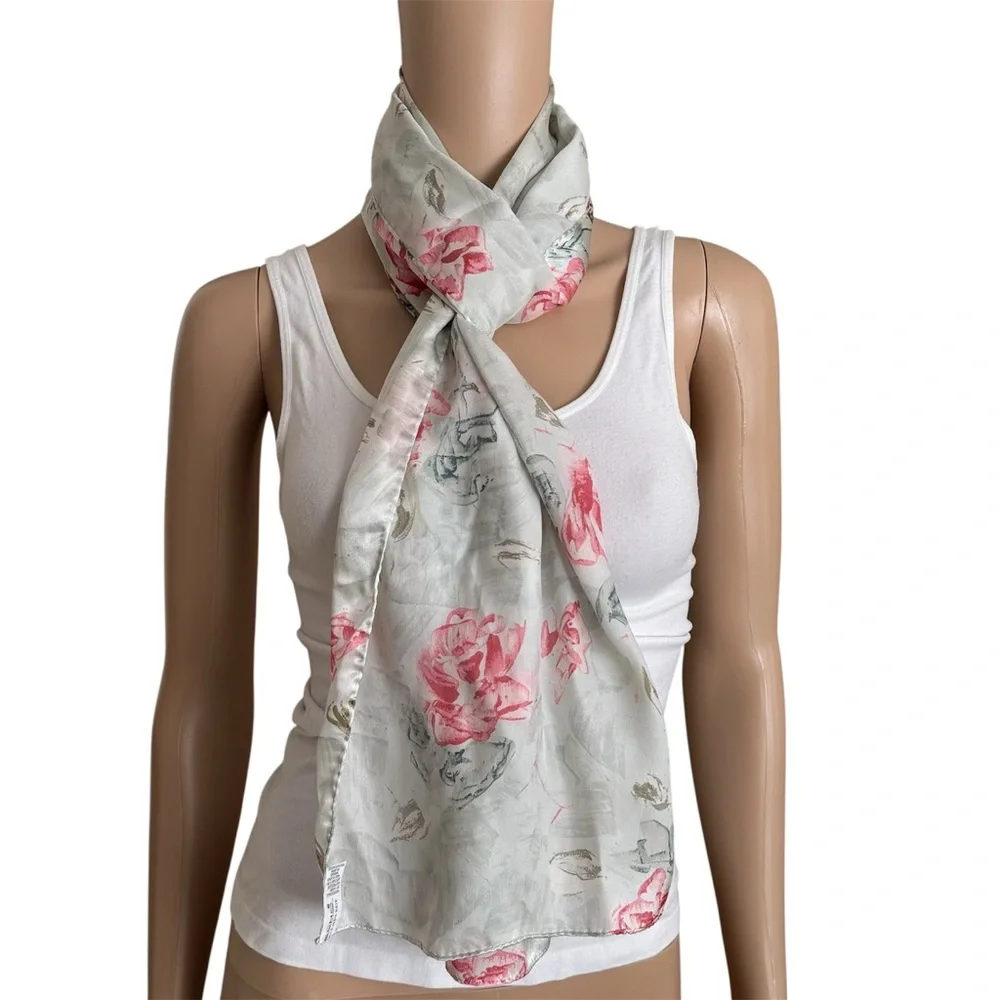 Echo Pastel Mint Green Pink Silk Floral Print Oblong Vintage Neck Scarf